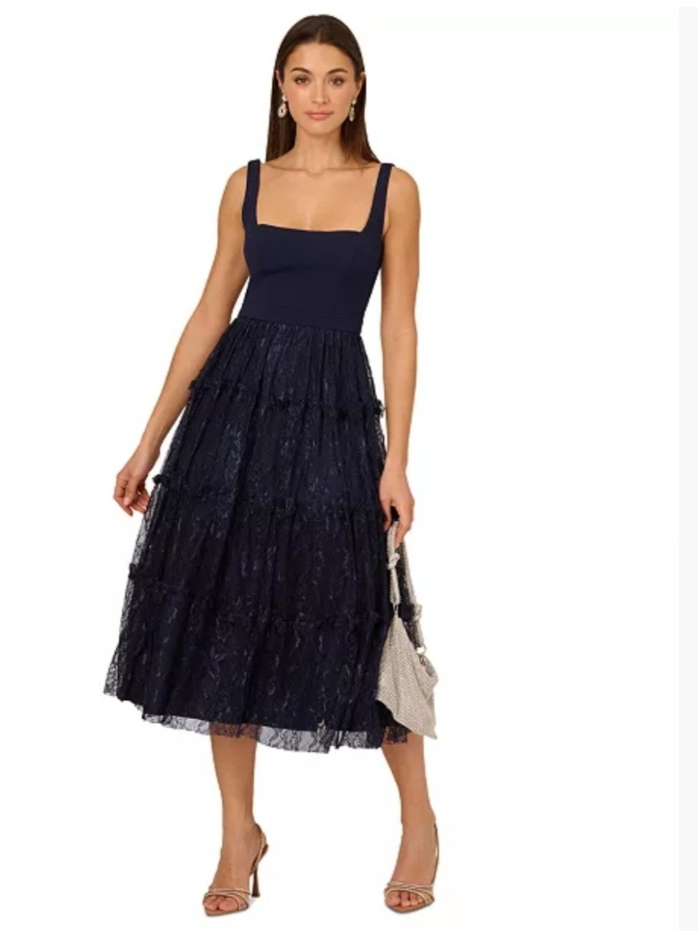 Adrianna Papell Navy Square-Neck Lace Tiered Midi Dress